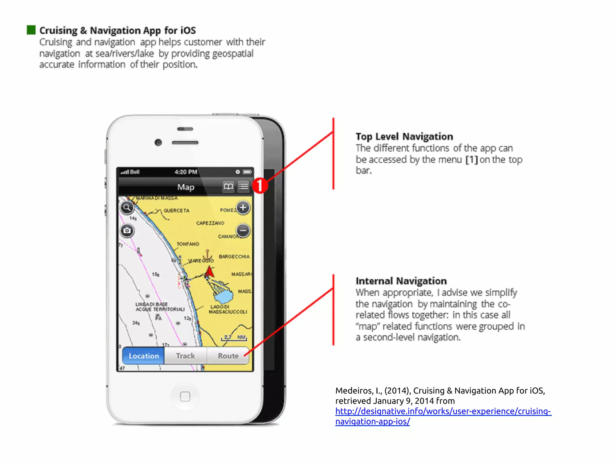 Medeiros, I., (2014), Cruising & Navigation App for iOS,
retrieved January 9, 2014 from
http://www.designative.info/portfolio/user-experience/
cruising-navigation-app-ios/ 	
 