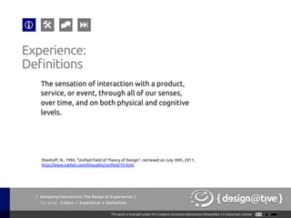 The sensation of interaction with a product,
service, or event, through all of our senses,
over time, and on both physical and cognitive
levels.	
Experience:	
Definitions	
Shedroff, N., 1994, “Unified Field of Theory of Design”, retrieved on July 30th, 2011,	
http://www.nathan.com/thoughts/unified/19.html 	
{ Designing Interactions: The Design of Experiences }
Youareat: Collect » Experience » Definitions	
 