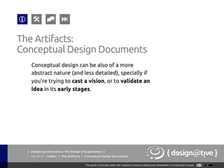 { Designing Interactions: The Design of Experiences }
Youareat: Collect » The Artifacts » Conceptual Design Documents	
Conceptual design can be also of a more
abstract nature (and less detailed), specially if
you’re trying to cast a vision, or to validate an
idea in its early stages.	
The Artifacts:	
Conceptual Design Documents	
 