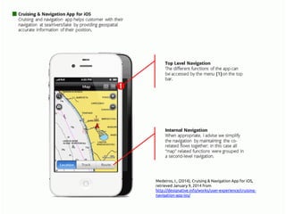 Medeiros, I., (2014), Cruising & Navigation App for iOS,
retrieved January 9, 2014 from
http://www.designative.info/portfolio/user-experience/
cruising-navigation-app-ios/ 	
 