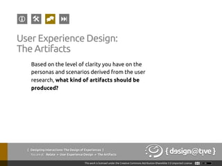 Based on the level of clarity you have on the
personas and scenarios derived from the user
research, what kind of artifacts should be
produced?	
User Experience Design:	
The Artifacts	
{ Designing Interactions: The Design of Experiences }
Youareat: Relate » User Experience Design » The Artifacts	
 