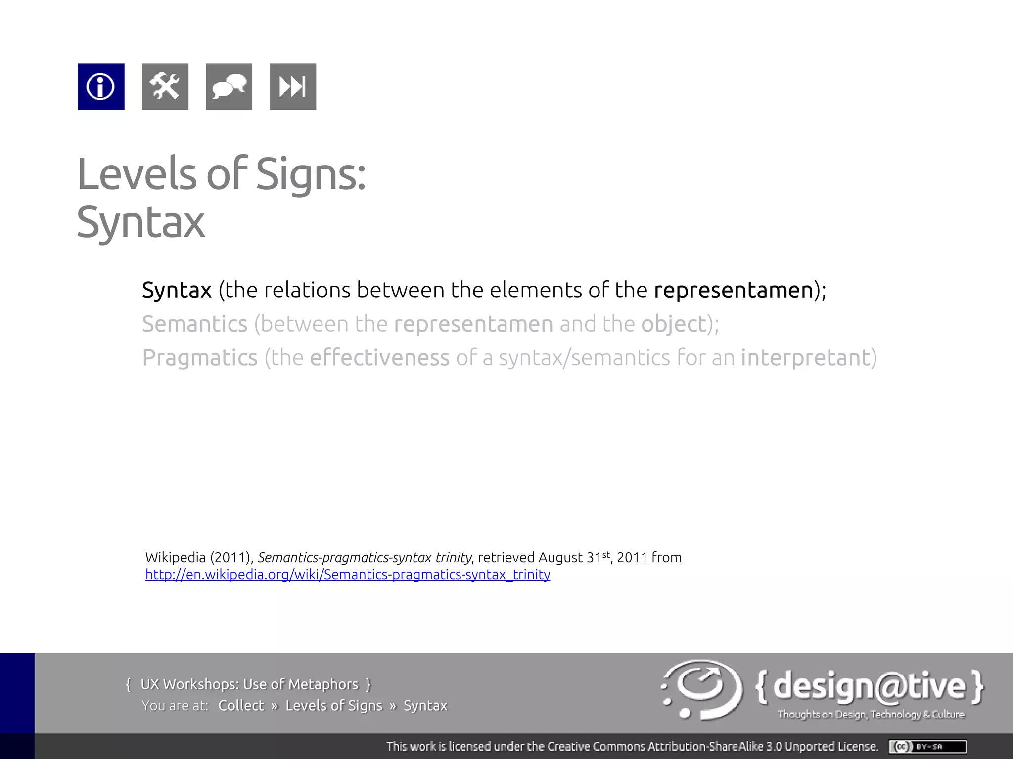 Levels of Signs:
Syntax
    Syntax (the relations between the elements of the representamen);
    Semantics (between the representamen and the object);
    Pragmatics (the effectiveness of a syntax/semantics for an interpretant)




    Wikipedia (2011), Semantics-pragmatics-syntax trinity, retrieved August 31st, 2011 from
    http://en.wikipedia.org/wiki/Semantics-pragmatics-syntax_trinity




  { UX Workshops: Use of Metaphors }
    You are at: Collect » Levels of Signs » Syntax
 