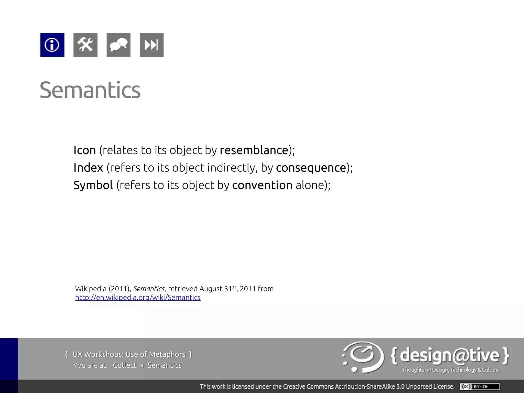Semantics

    Icon (relates to its object by resemblance);
    Index (refers to its object indirectly, by consequence);
    Symbol (refers to its object by convention alone);




    Wikipedia (2011), Semantics, retrieved August 31st, 2011 from
    http://en.wikipedia.org/wiki/Semantics




  { UX Workshops: Use of Metaphors }
    You are at: Collect » Semantics
 
