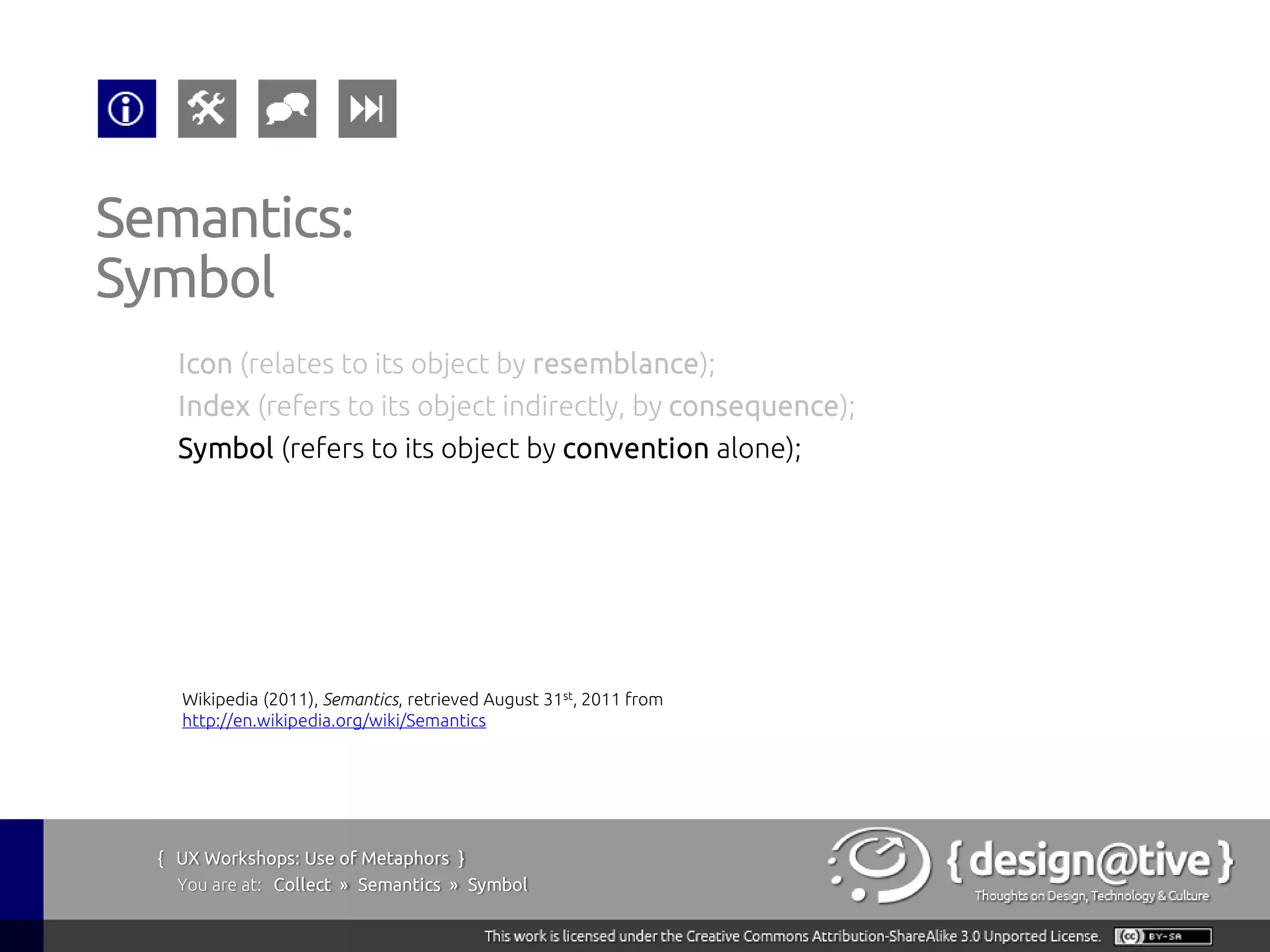 Semantics:
Symbol
    Icon (relates to its object by resemblance);
    Index (refers to its object indirectly, by consequence);
    Symbol (refers to its object by convention alone);




    Wikipedia (2011), Semantics, retrieved August 31st, 2011 from
    http://en.wikipedia.org/wiki/Semantics




  { UX Workshops: Use of Metaphors }
    You are at: Collect » Semantics » Symbol
 