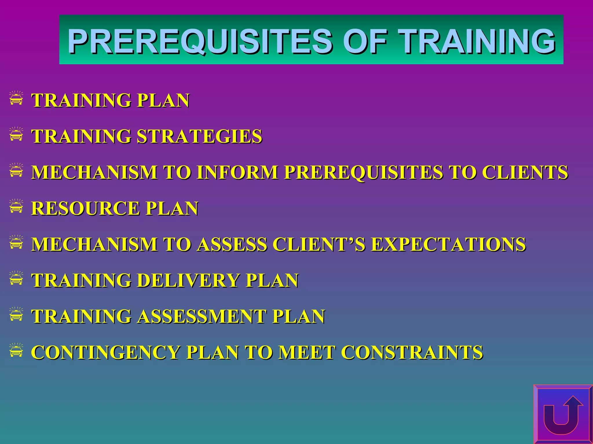 PREREQUISITES OF TRAINING
 TRAINING PLAN
 TRAINING STRATEGIES
 MECHANISM TO INFORM PREREQUISITES TO CLIENTS
 RESOURCE PLAN
 MECHANISM TO ASSESS CLIENT’S EXPECTATIONS
 TRAINING DELIVERY PLAN
 TRAINING ASSESSMENT PLAN
 CONTINGENCY PLAN TO MEET CONSTRAINTS

 