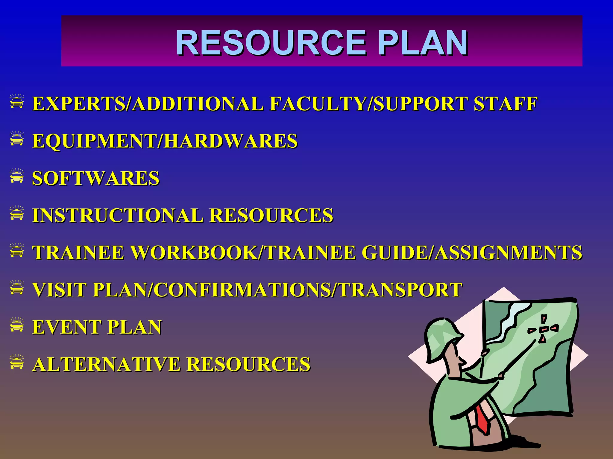 RESOURCE PLAN
 EXPERTS/ADDITIONAL FACULTY/SUPPORT STAFF
 EQUIPMENT/HARDWARES
 SOFTWARES
 INSTRUCTIONAL RESOURCES
 TRAINEE WORKBOOK/TRAINEE GUIDE/ASSIGNMENTS
 VISIT PLAN/CONFIRMATIONS/TRANSPORT
 EVENT PLAN
 ALTERNATIVE RESOURCES

 