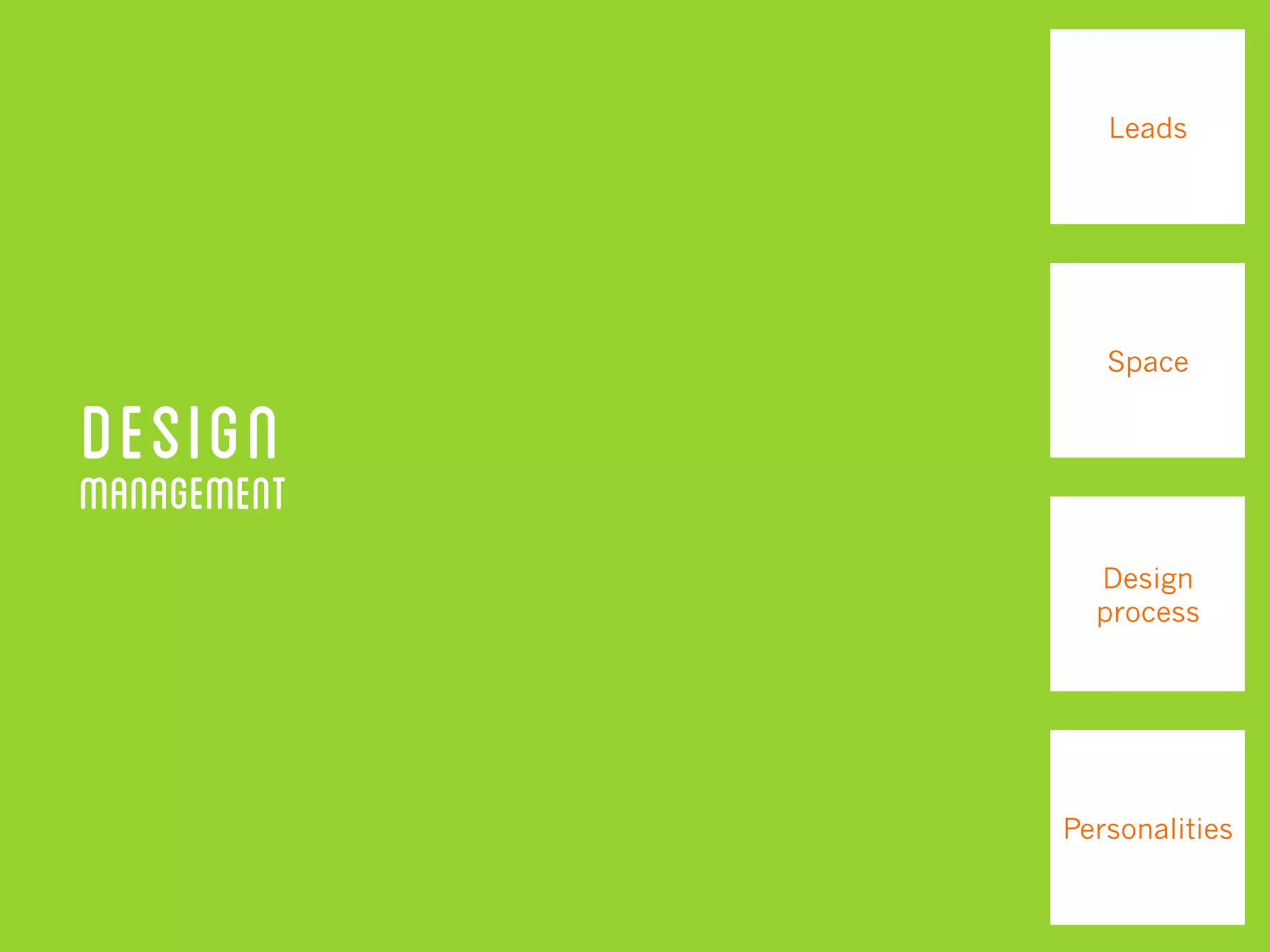 DesignManagement
Leads
Space
Design
process
Personalities
 