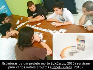 Estruturas de um projeto morto (UXCards, 2010) serviram
para vários outros projetos (Copel+ Cards, 2018).
 