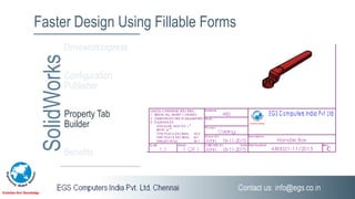 Faster Design Using Fillable Forms
SolidWorksDriveworksxpress
Configuration
Publisher
Property Tab
Builder
Benefits
 