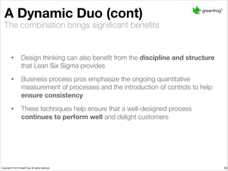 A Dynamic Duo (cont)
- Albert Einstein
The combination brings signiﬁcant beneﬁts
14
!
• Design thinking can also beneﬁt from the discipline and structure
that Lean Six Sigma provides
• Business process pros emphasize the ongoing quantitative
measurement of processes and the introduction of controls to help
ensure consistency
• These techniques help ensure that a well-designed process
continues to perform well and delight customers
 