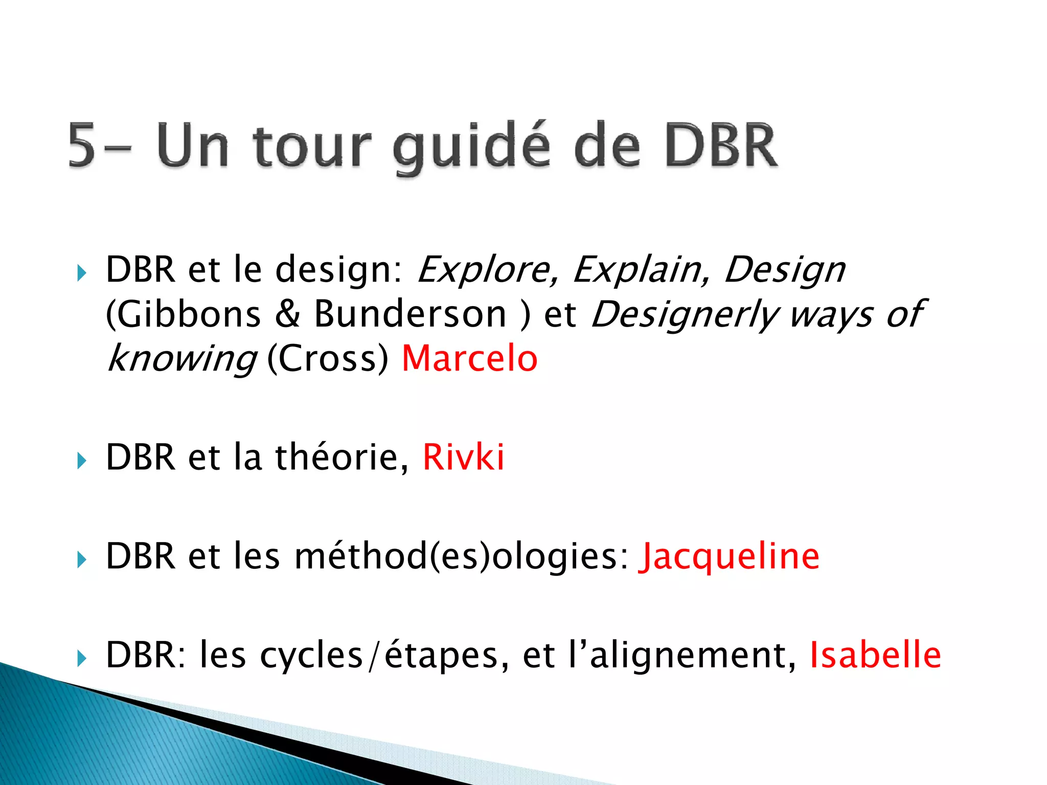 DBR et le design: Explore, Explain, Design
(Gibbons & Bunderson ) et Designerly ways of
knowing (Cross) Marcelo

DBR et la théorie, Rivki

DBR et les méthod(es)ologies: Jacqueline

DBR: les cycles/étapes, et l’alignement, Isabelle
 