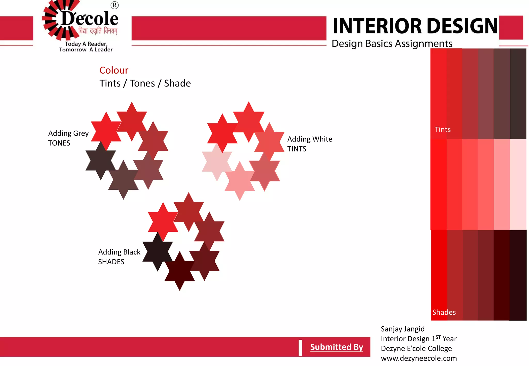 Sanjay Jangid
Interior Design 1ST Year
Dezyne E’cole College
www.dezyneecole.com
Submitted ByTopic -Plane
Tints
Tones
Shades
Colour
Tints / Tones / Shade
Adding Grey
TONES
Adding Black
SHADES
Adding White
TINTS
Submitted By
 