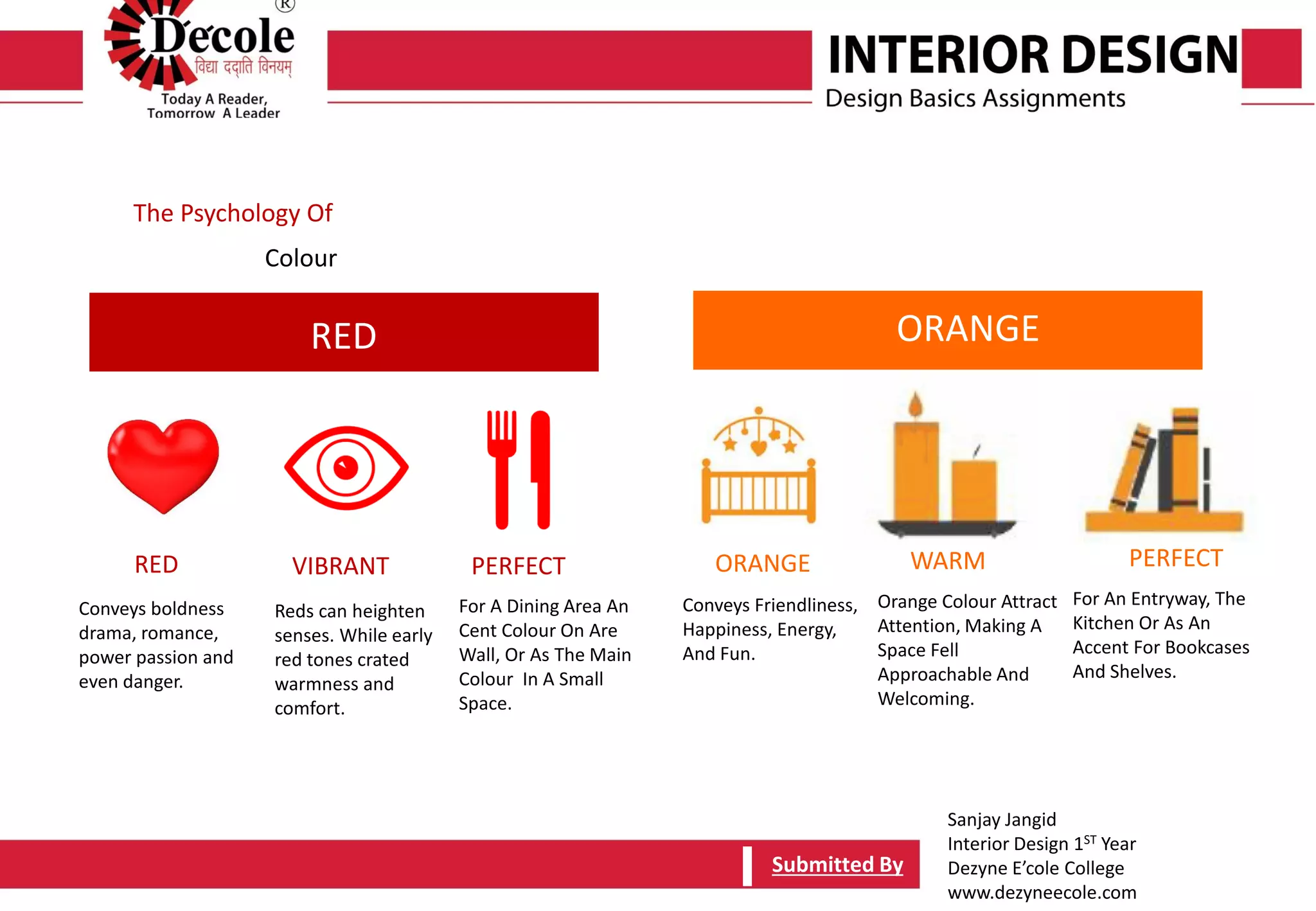 Sanjay Jangid
Interior Design 1ST Year
Dezyne E’cole College
www.dezyneecole.com
Submitted ByTopic -Plane Submitted By
The Psychology Of
Colour
RED ORANGE
RED VIBRANT PERFECT
Conveys boldness
drama, romance,
power passion and
even danger.
Reds can heighten
senses. While early
red tones crated
warmness and
comfort.
For A Dining Area An
Cent Colour On Are
Wall, Or As The Main
Colour In A Small
Space.
ORANGE WARM PERFECT
Conveys Friendliness,
Happiness, Energy,
And Fun.
Orange Colour Attract
Attention, Making A
Space Fell
Approachable And
Welcoming.
For An Entryway, The
Kitchen Or As An
Accent For Bookcases
And Shelves.
 