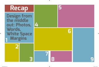 Recap
1
2
3
4
5
6
7
8 9
Design from
the middle
out: Photos,
Words,
White Space
Margins
design_basics.indd 50-51 7/30/12 12:31 AM
 