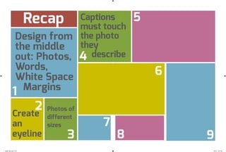 Recap
1
2
3
4
5
6
7
8 9
Design from
the middle
out: Photos,
Words,
White Space
Margins
Create
an
eyeline
Photos of
different
sizes
Captions
must touch
the photo
they
describe
design_basics.indd 56-57 7/30/12 12:31 AM
 