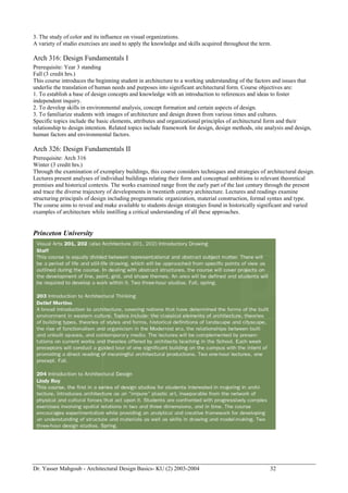 Dr. Yasser Mahgoub - Architectural Design Basics- KU (2) 2003-2004 32 
3. The study of color and its influence on visual organizations. 
A variety of studio exercises are used to apply the knowledge and skills acquired throughout the term. 
Arch 316: Design Fundamentals I 
Prerequisite: Year 3 standing 
Fall (3 credit hrs.) 
This course introduces the beginning student in architecture to a working understanding of the factors and issues that underlie the translation of human needs and purposes into significant architectural form. Course objectives are: 
1. To establish a base of design concepts and knowledge with an introduction to references and ideas to foster independent inquiry. 
2. To develop skills in environmental analysis, concept formation and certain aspects of design. 
3. To familiarize students with images of architecture and design drawn from various times and cultures. 
Specific topics include the basic elements, attributes and organizational principles of architectural form and their relationship to design intention. Related topics include framework for design, design methods, site analysis and design, human factors and environmental factors. 
Arch 326: Design Fundamentals II 
Prerequisite: Arch 316 
Winter (3 credit hrs.) 
Through the examination of exemplary buildings, this course considers techniques and strategies of architectural design. Lectures present analyses of individual buildings relating their form and conceptual ambitions to relevant theoretical premises and historical contexts. The works examined range from the early part of the last century through the present and trace the diverse trajectory of developments in twentieth century architecture. Lectures and readings examine structuring principals of design including programmatic organization, material construction, formal syntax and type. The course aims to reveal and make available to students design strategies found in historically significant and varied examples of architecture while instilling a critical understanding of all these approaches. 
Princeton University 
 