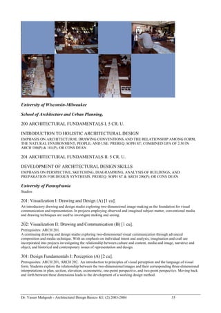 Dr. Yasser Mahgoub - Architectural Design Basics- KU (2) 2003-2004 35 
University of Wisconsin-Milwaukee 
School of Architecture and Urban Planning, 
200 ARCHITECTURAL FUNDAMENTALS I. 5 CR. U. 
INTRODUCTION TO HOLISTIC ARCHITECTURAL DESIGN 
EMPHASIS ON ARCHITECTURAL DRAWING CONVENTIONS AND THE RELATIONSHIP AMONG FORM, THE NATURAL ENVIRONMENT, PEOPLE, AND USE. PREREQ: SOPH ST; COMBINED GPA OF 2.50 IN ARCH 100(P) & 101(P), OR CONS DEAN 
201 ARCHITECTURAL FUNDAMENTALS II. 5 CR. U. 
DEVELOPMENT OF ARCHITECTURAL DESIGN SKILLS 
EMPHASIS ON PERSPECTIVE, SKETCHING, DIAGRAMMING, ANALYSIS OF BUILDINGS, AND PREPARATION FOR DESIGN SYNTHESIS. PREREQ: SOPH ST & ARCH 200(P); OR CONS DEAN 
University of Pennsylvania 
Studios 
201: Visualization I: Drawing and Design (A) [1 cu]. 
An introductory drawing and design studio exploring two-dimensional image-making as the foundation for visual communication and representation. In projects employing observed and imagined subject matter, conventional media and drawing techniques are used to investigate making and seeing. 
202: Visualization II: Drawing and Communication (B) [1 cu]. 
Prerequisites: ARCH 201. 
A continuing drawing and design studio exploring two-dimensional visual communication through advanced composition and media technique. With an emphasis on individual intent and analysis, imagination and craft are incorporated into projects investigating the relationship between culture and content, media and image, narrative and object, and historical and contemporary issues of representation and design. 
301: Design Fundamentals I: Perception (A) [2 cu]. 
Prerequisites: ARCH 201, ARCH 202. An introduction to principles of visual perception and the language of visual form. Students explore the relationship between the two-dimensional images and their corresponding three-dimensional interpretations in plan, section, elevation, axonometric, one-point perspective, and two-point perspective. Moving back and forth between these dimensions leads to the development of a working design method.  