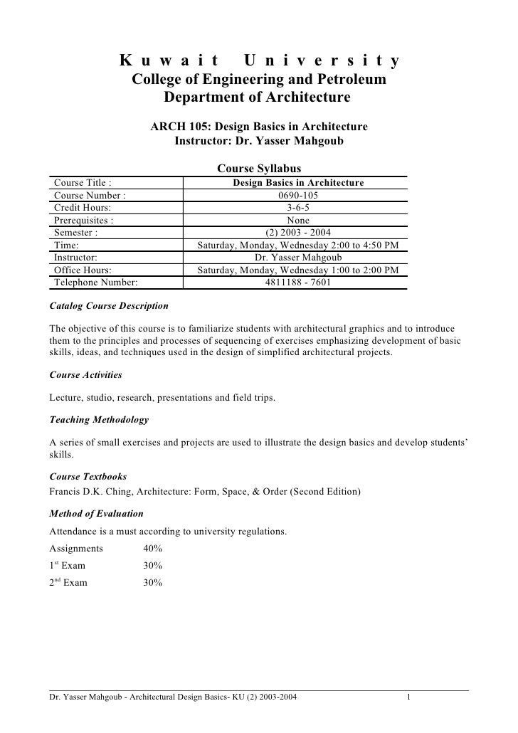 Architecture Design 1 Syllabus architectural design basics syllabus 2004 Architecture Design 1 Syllabus architectural design basics syllabus 2004