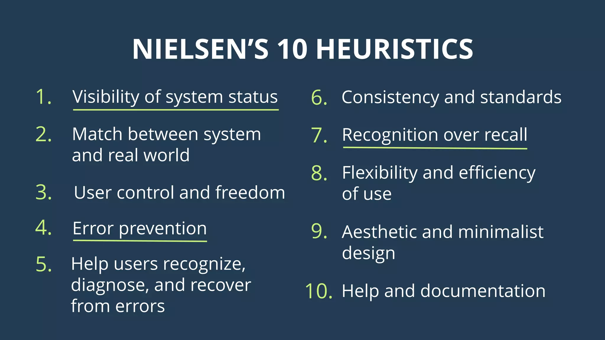 NIELSEN’S 10 HEURISTICS
1. Visibility of system status
2. Match between system
and real world
3. User control and freedom
4. Error prevention
5. Help users recognize,
diagnose, and recover
from errors
6. Consistency and standards
Recognition over recall7.
Flexibility and efficiency
of use
8.
Aesthetic and minimalist
design
9.
Help and documentation10.
 
