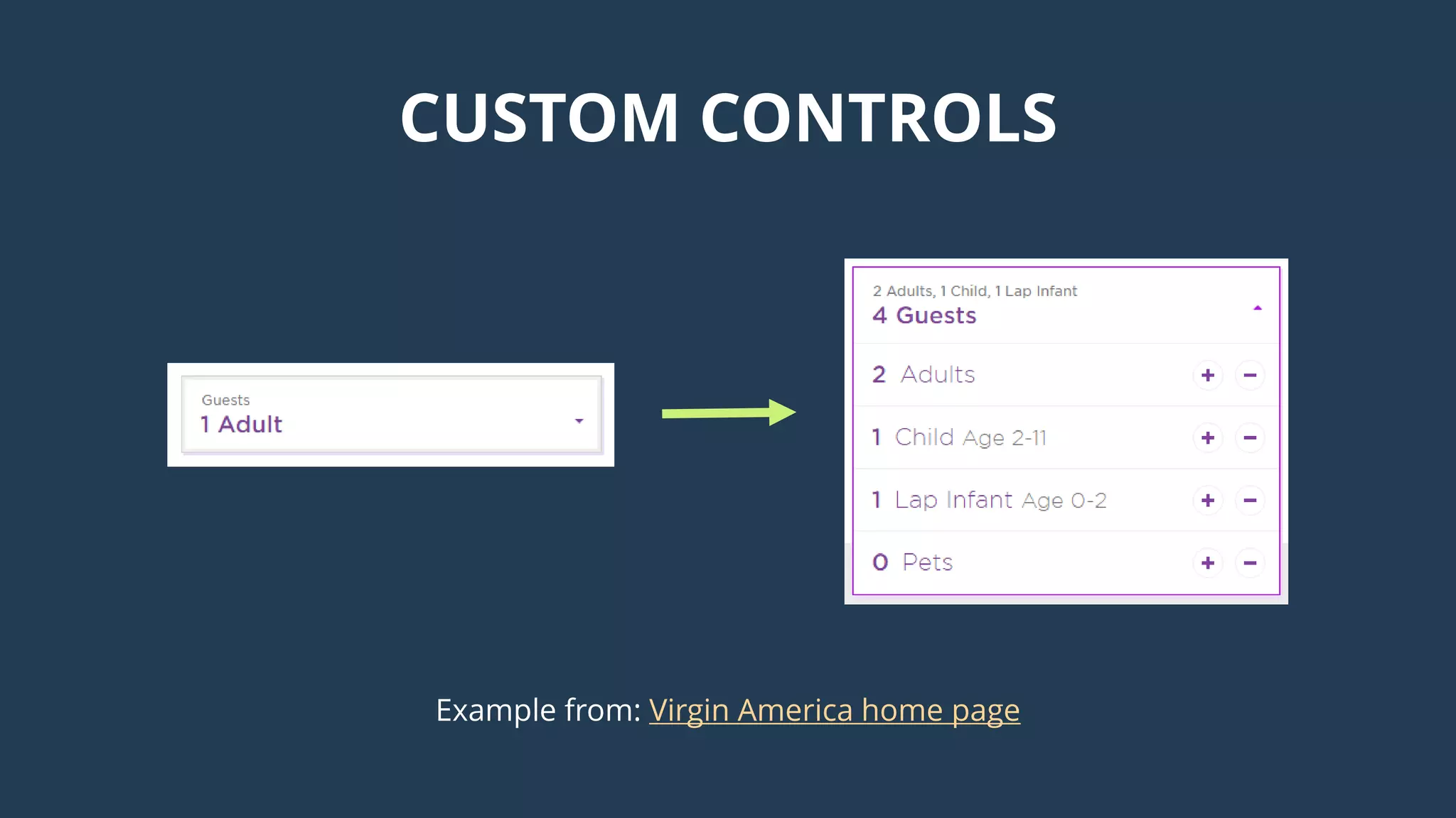 CUSTOM CONTROLS
Example from: Virgin America home page
 
