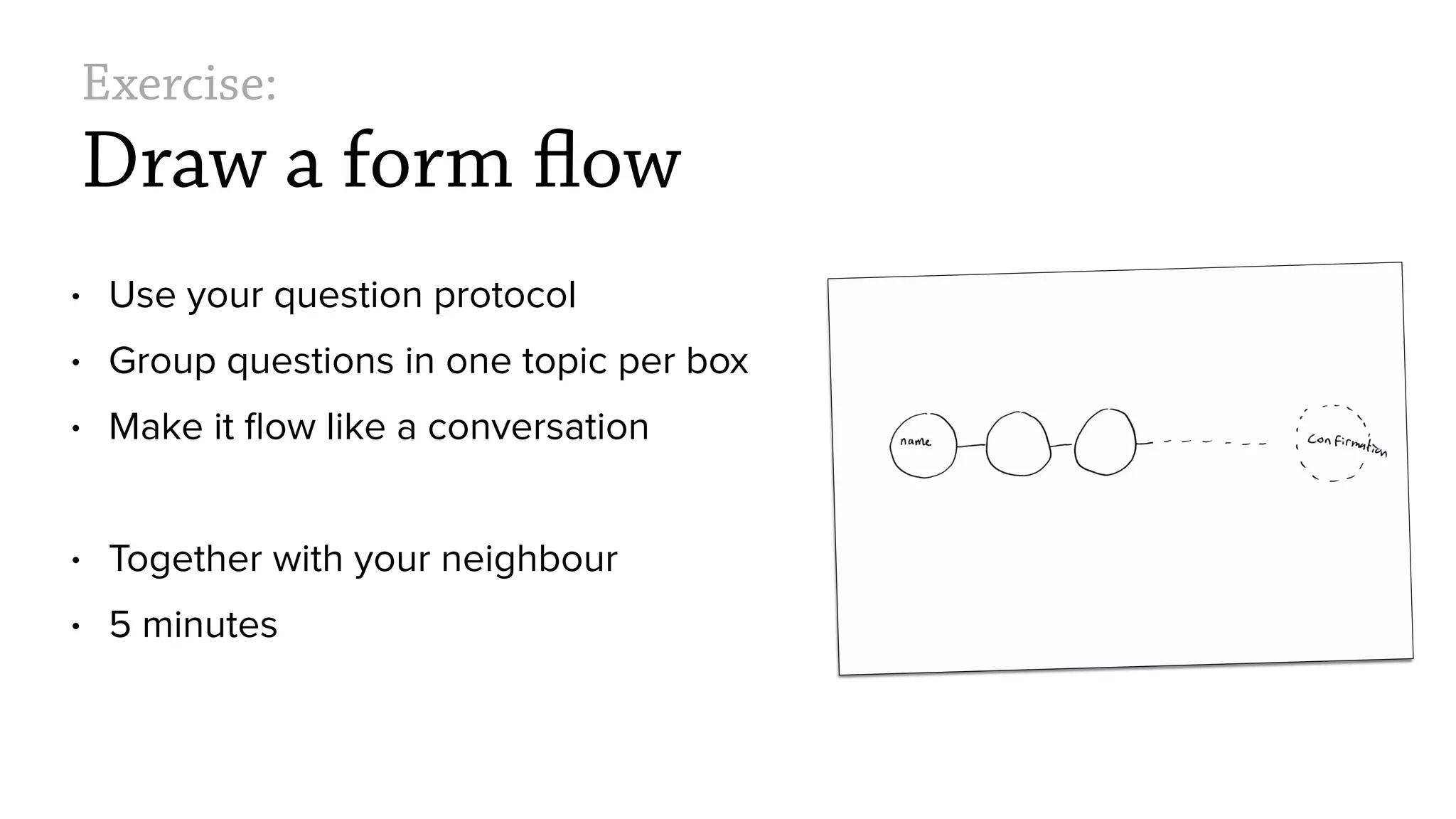 Exercise:
Draw a form flow
&bull; Use your question protocol
&bull; Group questions in one topic per box
&bull; Make it ﬂow like a conversation
&bull; Together with your neighbour
&bull; 5 minutes
 