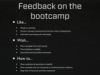 Feedback on the
         bootcamp
• Like...
  •   Hands on activities
  •   Succinct concepts, handouts, & tories from other entrepreneurs
  •   Interviews and testing with real people


• Wish...
  •   More examples from each activity
  •   More facilitators available
  •   Improved email prep before bootcamp


• How to...
  •   Show qualitative & quantitative tradeoffs
  •   Show examples that are contextual to market/consumer audience
  •   Keep lists of resources and links maintained
 