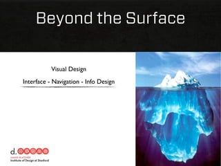 Beyond the Surface

           Visual Design
Interface - Navigation - Info Design
 