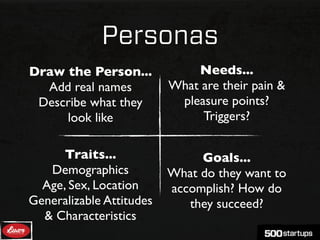 Personas
Draw the Person...            Needs...
  Add real names          What are their pain &
 Describe what they        pleasure points?
     look like                 Triggers?

      Traits...                Goals...
   Demographics           What do they want to
  Age, Sex, Location      accomplish? How do
Generalizable Attitudes      they succeed?
  & Characteristics
 
