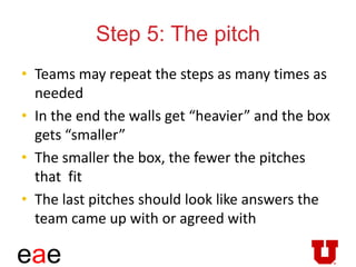 eae
Step 5: The pitch
• Teams may repeat the steps as many times as
needed
• In the end the walls get “heavier” and the box
gets “smaller”
• The smaller the box, the fewer the pitches
that fit
• The last pitches should look like answers the
team came up with or agreed with
 