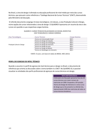 100
No Brasil, a área de design é ofertada na educação profissional de nível médio por meio dos cursos
técnicos, que possuem como referência o “Catálogo Nacional de Cursos Técnicos” (CNCT), desenvolvido
pelo Ministério da Educação.
O referido documento congrega 13 eixos tecnológicos. Um desses, o eixo Produção Cultural e Design,
reúne opções de cursos relacionados à área de design. O QUADRO 9 apresenta um recorte do eixo e dos
cursos em questão e suas respectivas cargas horárias.
QUADRO 9: CURSOS TÉCNICOS RELACIONADOS AO DESIGN, RESPECTIVO
EIXO TECNOLÓGICO E CARGAS HORÁRIAS
Eixo Tecnológico Curso Técnico Carga Horária
Produção Cultural e Design
Técnico em Comunicação Visual 800 h
Técnico em Design de Calçados 800 h
Técnico em Design de Embalagens 800 h
Técnico em Design de Interiores 800 h
Técnico em Design de Joias 800 h
Técnico em Design de Móveis 800 h
Técnico em Modelagem do Vestuário 800 h
FONTE: O autor, com base em dados de BRASIL: MEC (2013)
Quando o assunto é o perfil do egresso de nível técnico para o design no Brasil, o documento de
referência que orienta as discussões sobre o tema também é o CNCT. No QUADRO 10, é possível
visualizar as atividades dos perfis profissionais de egressos de cursos técnicos em design.
PERFIL DO EGRESSO DE NÍVEL TÉCNICO
NOTA METODOLÓGICA
O Ministério da Educação apresenta lista dos 40
cursos técnicos com maior número de
matrículas em 2009. Ocupando a 33ª posição,
Técnico de Design de Interiores é o único curso
de design que se faz presente na referida lista,
representando 0,58% das matrículas de todos os
cursos técnicos brasileiros.
 