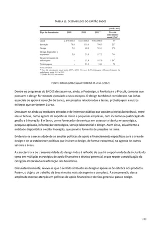 133
TABELA 11: DESEMBOLSOS DO CARTÃO BNDES
FONTE: BRASIL (2012) apud TEIXEIRA JR. et al. (2012)
Dentre os programas do BNDES destacam-se, ainda, o Prodesign, o Revitaliza e o Procult, como os que
possuem o design fortemente vinculado a seus escopos. O design também é considerado nas linhas
especiais de apoio à inovação do banco, em projetos relacionados a testes, prototipagem e outros
esforços que pertencem à área.
Destacam-se ainda as entidades privadas e de interesse público que apoiam a inovação no Brasil, entre
elas o Sebrae, como agente de suporte às micro e pequenas empresas, com incentivo à qualificação da
gestão e à inovação. E o Senai, como fornecedor de serviços em assessoria técnica e tecnológica,
pesquisa aplicada, informação tecnológica, serviço laboratorial e design. Além disso, anualmente a
entidade disponibiliza o edital Inovação, que prevê o fomento de projetos no tema.
Evidencia-se a necessidade de se ampliar políticas de apoio e financiamento específicas para a área de
design e de se estabelecer políticas que insiram o design, de forma transversal, na agenda de outros
setores e áreas.
A característica de transversalidade do design induz à reflexão de que há a oportunidade de inclusão do
tema em múltiplas estratégias de apoio financeiro e técnico-gerencial, o que requer a mobilização da
categoria interessada na obtenção dos benefícios.
Circunstancialmente, releva-se que o sentido atribuído ao design é apenas o de estética nos produtos.
Porém, o objeto de trabalho da área é muito mais abrangente e complexo. A compreensão dessa
amplitude merece atenção em políticas de apoio financeiro e técnico-gerencial para o design.
 