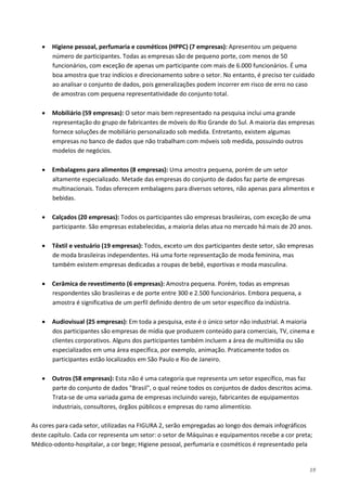 19
• Higiene pessoal, perfumaria e cosméticos (HPPC) (7 empresas): Apresentou um pequeno
número de participantes. Todas as empresas são de pequeno porte, com menos de 50
funcionários, com exceção de apenas um participante com mais de 6.000 funcionários. É uma
boa amostra que traz indícios e direcionamento sobre o setor. No entanto, é preciso ter cuidado
ao analisar o conjunto de dados, pois generalizações podem incorrer em risco de erro no caso
de amostras com pequena representatividade do conjunto total.
• Mobiliário (59 empresas): O setor mais bem representado na pesquisa inclui uma grande
representação do grupo de fabricantes de móveis do Rio Grande do Sul. A maioria das empresas
fornece soluções de mobiliário personalizado sob medida. Entretanto, existem algumas
empresas no banco de dados que não trabalham com móveis sob medida, possuindo outros
modelos de negócios.
• Embalagens para alimentos (8 empresas): Uma amostra pequena, porém de um setor
altamente especializado. Metade das empresas do conjunto de dados faz parte de empresas
multinacionais. Todas oferecem embalagens para diversos setores, não apenas para alimentos e
bebidas.
• Calçados (20 empresas): Todos os participantes são empresas brasileiras, com exceção de uma
participante. São empresas estabelecidas, a maioria delas atua no mercado há mais de 20 anos.
• Têxtil e vestuário (19 empresas): Todos, exceto um dos participantes deste setor, são empresas
de moda brasileiras independentes. Há uma forte representação de moda feminina, mas
também existem empresas dedicadas a roupas de bebê, esportivas e moda masculina.
• Cerâmica de revestimento (6 empresas): Amostra pequena. Porém, todas as empresas
respondentes são brasileiras e de porte entre 300 e 2.500 funcionários. Embora pequena, a
amostra é significativa de um perfil definido dentro de um setor específico da indústria.
• Audiovisual (25 empresas): Em toda a pesquisa, este é o único setor não industrial. A maioria
dos participantes são empresas de mídia que produzem conteúdo para comerciais, TV, cinema e
clientes corporativos. Alguns dos participantes também incluem a área de multimídia ou são
especializados em uma área específica, por exemplo, animação. Praticamente todos os
participantes estão localizados em São Paulo e Rio de Janeiro.
• Outros (58 empresas): Esta não é uma categoria que representa um setor específico, mas faz
parte do conjunto de dados "Brasil", o qual reúne todos os conjuntos de dados descritos acima.
Trata-se de uma variada gama de empresas incluindo varejo, fabricantes de equipamentos
industriais, consultores, órgãos públicos e empresas do ramo alimentício.
As cores para cada setor, utilizadas na FIGURA 2, serão empregadas ao longo dos demais infográficos
deste capítulo. Cada cor representa um setor: o setor de Máquinas e equipamentos recebe a cor preta;
Médico-odonto-hospitalar, a cor bege; Higiene pessoal, perfumaria e cosméticos é representado pela
 