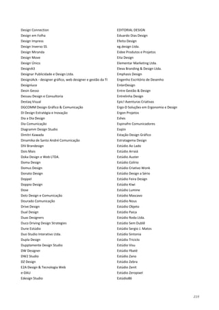 219
Design Connection
Design em Folha
Design Impress
Design Inverso SS
Design Miranda
Design Move
Design Único
DesignA3
Designar Publicidade e Design Ltda.
DesignJAck - designer gráfico, web designer e gestão da TI
Designluce
Desin Gesso
Dessau Design e Consultoria
Destaq Visual
DGCOMM Design Gráfico & Comunicação
Di Design Estratégia e Inovação
Dia a Dia Design
Dia Comunicação
Diagramm Design Studio
Dimitri Kawada
Dinamika de Santo André Comunicação
DIV Brandesign
Dois Mais
Doka Design e Web LTDA.
Doma Design
Domus Design
Donato Design
Doppel
Doppio Design
Dose
Dotz Design e Comunicação
Dourado Comunicação
Drive Design
Dual Design
Duas Designers
Duco Driving Design Strategies
Dune Estúdio
Duo Studio Interativo Ltda.
Dupla Design
Dupplamente Design Studio
DW Designer
DW2 Studio
DZ Design
E2A Design & Tecnologia Web
e-DAU
Edesign Studio
EDITORIAL DESIGN
Eduardo Dias Design
Efeito Design
eg.design Ltda.
Eidee Produtos e Projetos
Eita Design
Elementar Marketing Ltda.
Eleva Branding & Design Ltda.
Emphasis Design
Engenho Escritório de Desenho
EnterDesign
Entre Gestão & Design
Entrelinha Design
Epic! Aventuras Criativas
Ergo-D Soluções em Ergonomia e Design
Ergon Projetos
Eshes
Espinafre Comunicadores
Esqiin
Estação Design Gráfico
Estratagema Design
Estúdio Ao Lado
Estúdio Arraiá
Estúdio Auster
Estúdio Colírio
Estúdio Criativo Wonk
Estúdio Design a Sério
Estúdio Feira Design
Estúdio Kiwi
Estúdio Lumine
Estúdio Mascavo
Estúdio Nous
Estúdio Objeto
Estúdio Paica
Estúdio Roda Ltda.
Estúdio Sem Dublê
Estúdio Sergio J. Matos
Estúdio Sintonia
Estúdio Triciclo
Estúdio Visu
Estúdio Ybaté
Estúdio Zano
Estúdio Zebra
Estúdio Zenit
Estúdio Zeropixel
Estúdio86
 