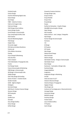 220
EstúdioCriação
Evolue Design
Evonline Marketing Digital Ltda.
Exato Design
Eye Design
FABK - Indústria Criativa
Fabrica de Imagem Ltda.
Fabricare Design
FACE Design Artes Gráficas
Fancio Design Studio
Farné Design e Comunicação
Faze computação Gráfica Ltda
FCA Creative
FCerutti Marketing Digital
FCG Design
Feijão Preto
Fernando Jaeger
FIB Fabrica de Ideias Brasileiras
Fictícia Lab
Filtra Mídias Interativas
Flamba
Focus Design & Marketing
Folia dos Reis
Fred e Hudson
Frila Publicidade e Propaganda Ltda.
Fronte
Furf Design Studio
Futura Comunicação & Marketing
FW8 Design e Comunicação
G8 Design e Comunicação Ltda.
Gabbo Design
Galo Índia design & branding
Game of Colors - Creative Studio
Garden Estúdio
GeDê - Agência Digital
Gedegato
Genniale Design
GHD Brasil | Graham Hanson Design
Giovane Design
GR Produções
Grafen
Graffiti Com
Granada
Grau Design Gráfico
Greco Design
Grifee Design
Groworks Creative Solutions
Grunge Design Ltda.
Grupo Criativo
Grupo Mudde
Grupo View
Grupodesign
Guepa
Guilherme Gonçalves - Graphic Design
HAL9000 Comunicação e Design
Hiper Design
Hok Inovação
Hoton Ventura - arte | design | fotografia
Hpix Design
Human Design & Comunicação
Humanas
I+D
Id Design
ID Projetos
ID7 Studio
Idea Design
Idealys Brand Design
Ideia Animada
Ideiário Design
Identidade Criativa - Design e Comunicação
Identidade Visual
Ikoni Design
Ilustracom - Ilustrações e Design Ltda.
Ilustrata Design
Imageme&efeito
Imaginária
Imaginatto Design e Marketing
Imma8
Indio da Costa A.U.D.T
Indústria Nacional Design
Indutiva Design e Propaganda
Ingegno Design
Inka Design Lab
Instituto de Tecnologia para o Desenvolvimento
Interage Design
Intervento Design
INVENTA design
Inventiva Design
Invoke Studio
Locus Estúdio Gráfico
iT Projetos
Ivoire Design
 