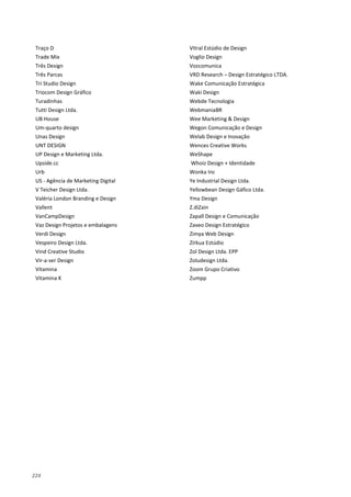 224
Traço D
Trade Mix
Três Design
Três Parcas
Tri Studio Design
Triocom Design Gráfico
Turadinhas
Tutti Design Ltda.
UB House
Um-quarto design
Unas Design
UNT DESIGN
UP Design e Marketing Ltda.
Upside.cc
Urb
US - Agência de Marketing Digital
V Teicher Design Ltda.
Valéria London Branding e Design
Vallent
VanCampDesign
Vaz Design Projetos e embalagens
Verdi Design
Vespeiro Design Ltda.
Vind Creative Studio
Vir-a-ser Design
Vitamina
Vitamina K
VItral Estúdio de Design
Voglio Design
Vozcomunica
VRD Research – Design Estratégico LTDA.
Wake Comunicação Estratégica
Waki Design
Webde Tecnologia
WebmaniaBR
Wee Marketing & Design
Wegon Comunicação e Design
Welab Design e Inovação
Wences Creative Works
WeShape
Whoiz Design + Identidade
Wonka Inc
Ye Industrial Design Ltda.
Yellowbean Design Gáfico Ltda.
Yma Design
Z.diZain
Zapall Design e Comunicação
Zaveo Design Estratégico
Zimya Web Design
Zírkua Estúdio
Zol Design Ltda. EPP
Zoludesign Ltda.
Zoom Grupo Criativo
Zumpp
 