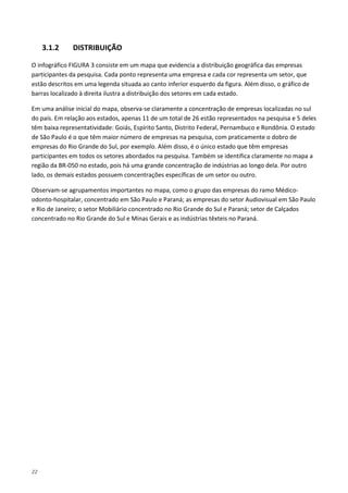 22
3.1.2 DISTRIBUIÇÃO
O infográfico FIGURA 3 consiste em um mapa que evidencia a distribuição geográfica das empresas
participantes da pesquisa. Cada ponto representa uma empresa e cada cor representa um setor, que
estão descritos em uma legenda situada ao canto inferior esquerdo da figura. Além disso, o gráfico de
barras localizado à direita ilustra a distribuição dos setores em cada estado.
Em uma análise inicial do mapa, observa-se claramente a concentração de empresas localizadas no sul
do país. Em relação aos estados, apenas 11 de um total de 26 estão representados na pesquisa e 5 deles
têm baixa representatividade: Goiás, Espírito Santo, Distrito Federal, Pernambuco e Rondônia. O estado
de São Paulo é o que têm maior número de empresas na pesquisa, com praticamente o dobro de
empresas do Rio Grande do Sul, por exemplo. Além disso, é o único estado que têm empresas
participantes em todos os setores abordados na pesquisa. Também se identifica claramente no mapa a
região da BR-050 no estado, pois há uma grande concentração de indústrias ao longo dela. Por outro
lado, os demais estados possuem concentrações específicas de um setor ou outro.
Observam-se agrupamentos importantes no mapa, como o grupo das empresas do ramo Médico-
odonto-hospitalar, concentrado em São Paulo e Paraná; as empresas do setor Audiovisual em São Paulo
e Rio de Janeiro; o setor Mobiliário concentrado no Rio Grande do Sul e Paraná; setor de Calçados
concentrado no Rio Grande do Sul e Minas Gerais e as indústrias têxteis no Paraná.
 