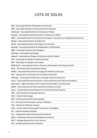 6
LISTA DE SIGLAS
ABD - Associação Brasileira de Designers de Interiores
ABDI - Associação Brasileira de Desenvolvimento Industrial
Abedesign - Associação Brasileira de Empresas de Design
Abepem - Associação Brasileira de Estudos e Pesquisas em Moda
ABEG – Associação Brasileira de Empresas de Projetos e Consultoria em Engenharia Geotécnica
Abergo – Associação Brasileira de Ergonomia
Abradi - Associação Brasiliense de Designers de Interiores
Abraweb - Associação Brasileira de Webdesigners e Webmasters
ABRE - Associação Brasileira de Embalagens
ACDesign – Associação Ceará Design
Adegraf – Associação dos Designers Gráficos do Distrito Federal
ADG – Associação de Designers Gráficos do Brasil
ADP – Associação de Designers de Produto
AEND-Brasil – Associação de Ensino e Pesquisa e Nível Superior de Design do Brasil
AIGA – The Professional Association for Design
ANTAC – Associação Nacional de Tecnologia do Ambiente Construído
APCI – Agence pour La Promotion de La Création Industrielle
APDesign – Associação de Profissionais de Design do Rio Grande do Sul
Anpei – Associação Nacional de Pesquisa e Desenvolvimento das Empresas Inovadoras
Apex-Brasil – Agência Brasileira de Promoção de Exportações e Investimentos
BNDES – Banco Nacional de Desenvolvimento Econômico e Social
Capes – Coordenação de Aperfeiçoamento de Pessoal de Nível Superior
CBDI – Centro Brasileiro de Design Industrial
CBrD – Coletivo Brasil Design
CBO – Classificação Brasileira de Ocupações
CCJ – Comissão de Constituição e Justiça e Cidadania
CDU – Cámara de Diseño de Uruguay
Cefet – Centro Federal de Educação Profissional e Tecnológica
CGI – Common Gateway Interface
CIIU – Clasificación Industrial Internacional Uniforme
CNAE – Classificação Nacional de Atividades Econômicas
CNCT – Catálogo Nacional de Cursos Técnicos
CNI – Confederação Nacional da Indústria
 