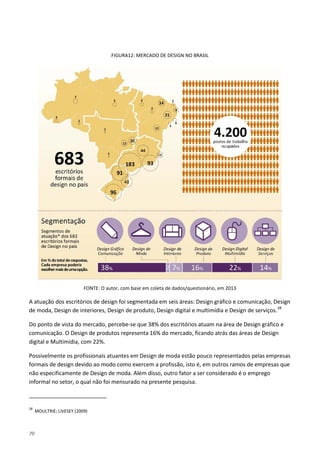 70
FIGURA12: MERCADO DE DESIGN NO BRASIL
FONTE: O autor, com base em coleta de dados/questionário, em 2013
A atuação dos escritórios de design foi segmentada em seis áreas: Design gráfico e comunicação, Design
de moda, Design de interiores, Design de produto, Design digital e multimídia e Design de serviços.28
Do ponto de vista do mercado, percebe-se que 38% dos escritórios atuam na área de Design gráfico e
comunicação. O Design de produtos representa 16% do mercado, ficando atrás das áreas de Design
digital e Multimídia, com 22%.
Possivelmente os profissionais atuantes em Design de moda estão pouco representados pelas empresas
formais de design devido ao modo como exercem a profissão, isto é, em outros ramos de empresas que
não especificamente de Design de moda. Além disso, outro fator a ser considerado é o emprego
informal no setor, o qual não foi mensurado na presente pesquisa.
28
MOULTRIE; LIVESEY (2009)
 