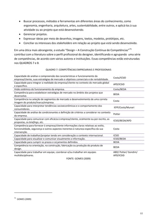 93
• Buscar processos, métodos e ferramentas em diferentes áreas do conhecimento, como
ergonomia, engenharia, arquitetura, artes, sustentabilidade, entre outros, e aplicá-los à sua
atividade ou ao projeto que está desenvolvendo.
• Gerenciar projetos.
• Expressar ideias por meio de desenhos, imagens, textos, modelos, protótipos, etc.
• Conciliar os interesses dos stakeholders em relação ao projeto que está sendo desenvolvido.
Em uma ótica mais abrangente, o estudo “Design – A Construção Contínua de Competências”71
QUADRO 7: COMPETÊNCIAS EMPRESARIAIS E PROFISSIONAIS
contribui com a literatura sobre o perfil profissional do designer, identificando e agrupando uma série
de competências, de acordo com vários autores e instituições. Essas competências estão estruturadas
nos QUADROS 7 e 8.
Capacidade de análise e compreensão das características e funcionamento da
empresa/cliente, suas estratégias de mercado e objetivos comerciais e de rentabilidade.
Costa/ICSID
Capacidade para integrar a realidade da empresa/cliente no contexto do mercado global
e específico.
APD/ICSID
Visão sistêmica do funcionamento da empresa. Costa/BEDA
Competência para estabelecer estratégias de mercado no âmbito dos projetos que
desenvolve.
BEDA
Competência na seleção de segmentos de mercado e desenvolvimento de uma correta
imagem do produto/marca/empresa.
Costa
Capacidade para interpretar tendências socioeconômicas e o comportamento dos
consumidores.
IEFP/Costa/Munari
Capacidade de análise de condicionantes e definição de critérios a considerar no contexto
da empresa.
Potter
Capacidade para comunicar com eficácia à empresa/cliente, oralmente ou por escrito, as
propostas, os briefings, etc.
ICSID/BEDA/APD
Competência para fornecer à empresa/cliente informações claras relativas ao estilo,
funcionalidade, segurança e outros aspectos inerentes à natureza específica da sua
intervenção.
Costa
Capacidade de trabalhar/projetar tendo em consideração o contexto internacional. ICSID
Capacidade para visualizar e comunicar visualmente a informação. ICSID/BEDA
Capacidade para cumprir os prazos e orçamentos definidos. BEDA
Competência na orientação, na construção, fabricação ou produção do produto de
design.
BEDA
Capacidade para trabalhar em equipe, coordenar e/ou trabalhar em equipes
multidisciplinares.
ABD/ Potter/ Gondim/
APD/ICSID
FONTE: GOMES (2009)
71
GOMES (2009)
 