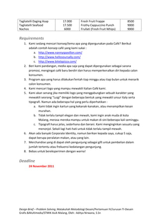 Tagliatelli Daging Asap           17.000         Fresh Fruit Frappe                   8500
Tagliatelli Seafood               17.500         Frothy Cappuccino Punch              9000
Nachos                             6000          Frullati (Fresh Fruit Whips)         9000

Requirements
   1. Kami sedang mencari konsep/tema apa yang dipergunakan pada Café? Berikut
      adalah contoh konsep café yang kami sukai :
          a. http://www.nannyspavillon.com/
          b. http://www.hellosoursally.com/
          c. http://www.bitelapizza.com/
   2. Beri kami pandangan, media apa saja yang dapat dipergunakan sebagai sarana
      promosi, mengingat café baru berdiri dan harus memperkenalkan diri kepada calon
      konsumen.
   3. Program apa yang harus dilakukan?entah tiap minggu atau tiap bulan untuk menarik
      calon konsumen.
   4. Kami mencari logo yang mampu mewakili Italian Café kami.
   5. Kami akan senang jika memiliki logo yang menggabungkan sebuah karakter yang
      mewakili seorang “Luigi” dengan beberapa bentuk yang mewakli unsur Italy serta
      tipografi. Namun ada beberapa hal yang perlu diperhatikan :
          a. Kami tidak ingin kartun yang kekanak-kanakan, atau menampilkan kesan
             murahan.
          b. Tidak terlalu tampil elegan dan mewah, kami ingin anak muda di kota
             Malang, merasa mereka mampu untuk makan di sini beberapa kali seminggu.
          c. Tipografi harus jelas, sederhana dan berani. Kami menginginkan sesuatu yang
             menonjol. Sekali lagi hati-hati untuk tidak terlalu tampil mewah.
   6. Akan ada banyak Corporate Identity, namun berikan kepada saya, cukup 5 saja,
      dapat berupa peralatan makan, atau yang lain.
   7. Merchandise yang di dapat oleh pengunjung sebagai gift untuk pembelian dalam
      jumlah tertentu atau frekuensi kedatangan pengunjung.
   8. Bebas untuk bereksperimen dengan warna!


Deadline
       24 November 2011




Design Brief – Problem Solving, Matakuliah Metodologi Desain/Pertemuan IV/Jurusan TI-Desain
Grafis &Multimedia/STMIK AsiA Malang, Oleh : Aditya Nirwana, S.Sn
 