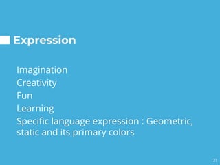 Expression
Imagination
Creativity
Fun
Learning
Specific language expression : Geometric,
static and its primary colors
21
 