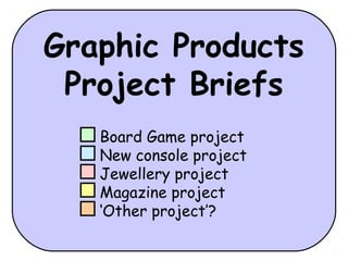 Graphic Products
Project Briefs
Board Game project
New console project
Jewellery project
Magazine project
‘Other project’?
 