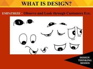 EMPATHIZE – Observe and Look through Customers Eye.
WHAT IS DESIGN?
DESIGN
THINKING
MODES
 