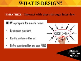 EMPATHIZE – Interact with users through interview.
WHAT IS DESIGN?
DESIGN
THINKING
MODES
 