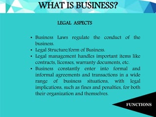 WHAT IS BUSINESS?
FUNCTIONS
LEGAL ASPECTS
• Business Laws regulate the conduct of the
business.
• Legal Structure/form of Business.
• Legal management handles important items like
contracts, licenses, warranty documents, etc.
• Business constantly enter into formal and
informal agreements and transactions in a wide
range of business situations, with legal
implications, such as fines and penalties, for both
their organization and themselves.
 
