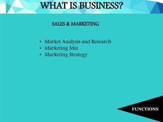 WHAT IS BUSINESS?
FUNCTIONS
SALES & MARKETING
• Market Analysis and Research
• Marketing Mix
• Marketing Strategy
 