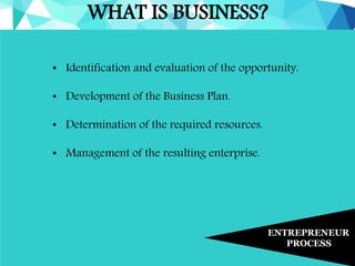 WHAT IS BUSINESS?
ENTREPRENEUR
PROCESS
• Identification and evaluation of the opportunity.
• Development of the Business Plan.
• Determination of the required resources.
• Management of the resulting enterprise.
 