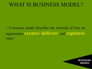 “A business model describes the rationale of how an
organization creates, delivers, and captures
value”
BUSINESS
MODEL
WHAT IS BUSINESS MODEL?
 