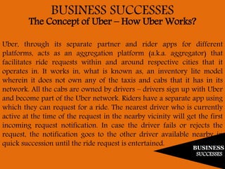 BUSINESS
SUCCESSES
BUSINESS SUCCESSES
The Concept of Uber – How Uber Works?
Uber, through its separate partner and rider apps for different
platforms, acts as an aggregation platform (a.k.a. aggregator) that
facilitates ride requests within and around respective cities that it
operates in. It works in, what is known as, an inventory lite model
wherein it does not own any of the taxis and cabs that it has in its
network. All the cabs are owned by drivers – drivers sign up with Uber
and become part of the Uber network. Riders have a separate app using
which they can request for a ride. The nearest driver who is currently
active at the time of the request in the nearby vicinity will get the first
incoming request notification. In case the driver fails or rejects the
request, the notification goes to the other driver available nearby in
quick succession until the ride request is entertained.
 
