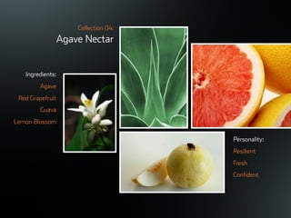 ©ܱܲǲԱ2007
Collection 04:
Agave Nectar
Ingredients:
Agave
Red Grapefruit
Guava
Lemon Blossom
Personality:
Resilient
Fresh
Confident
 